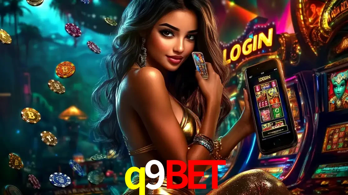 Mulher em um cenário de cassino temático de aventura, mostrando o app de caça-níqueis da q9bet no celular. Fichas de apostas flutuam ao redor.