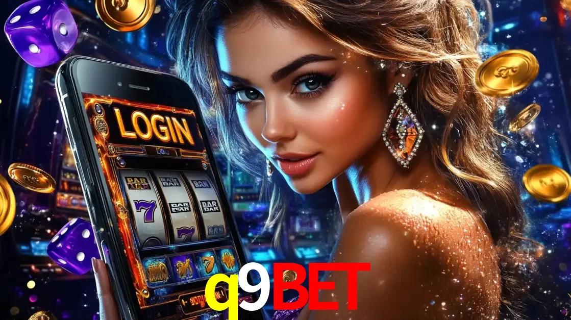Mulher glamorosa segurando um smartphone com a tela de login para os jogos de caça-níqueis do cassino online q9bet, com moedas de ouro e dados ao redor.